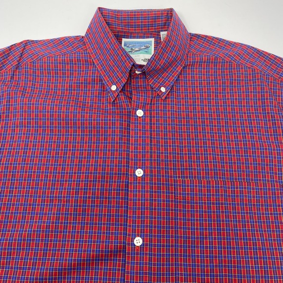 The North Face Mens Large‎ Red Blue Check Button Down Short Sleeve Shirt - Picture 1 of 4